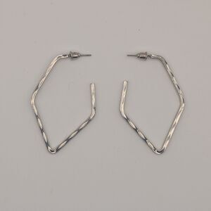 Silver Tone Geometric Hoop Earrings Angular Diamond Shape